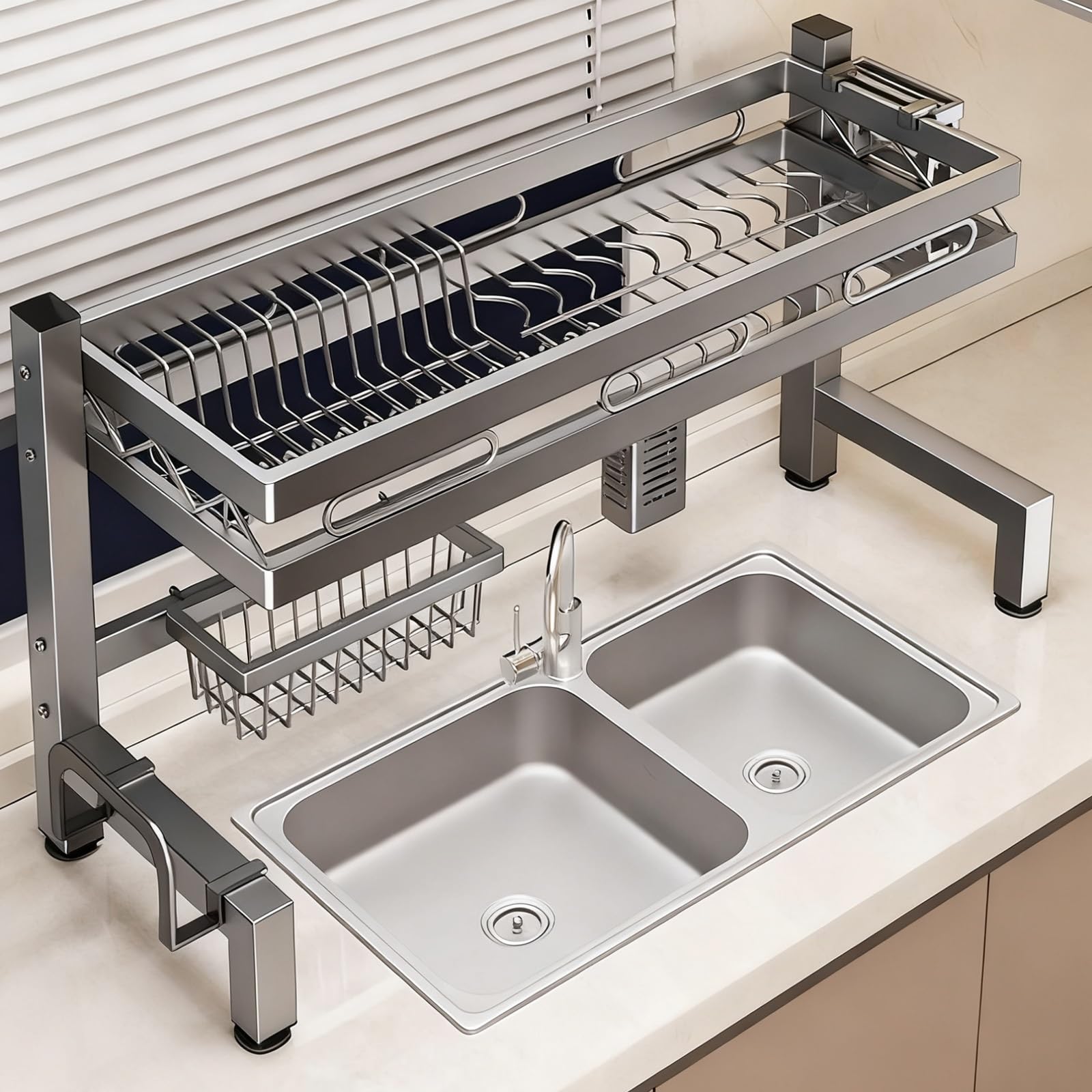 CAFIEDR Gray Over-The-Sink Dish Drying Rack - Carbon Steel Kitchen Counter Organizer, Space-Saving Dish Drainer Shelf For Plates, Bowls, Utensils - Fast Drain Storage Rack.Grey-65cm/25.6in