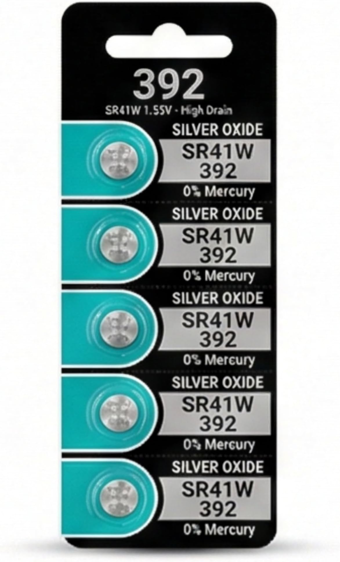 392 SR41W Silver Oxide Battery 1.55V (5-Pack) - Leak-Proof Button Coin Cell Replacement for Digital Thermometers, Watches & Toys - Long-Lasting Stable Power
