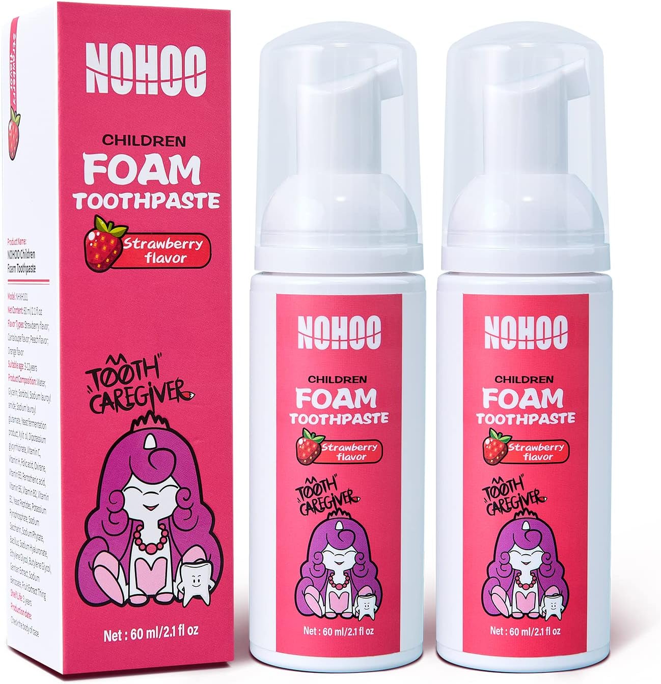 NOHOO Children Foam Toothpaste with Fruit Flavor,2Pcs Fluoride Free
