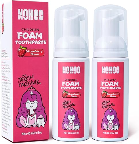 NOHOO Pasta de dientes de espuma sin flúor para niños, fresa, pasta de dientes de entrenamiento natural para bebés y niños pequeños, limpieza oral y