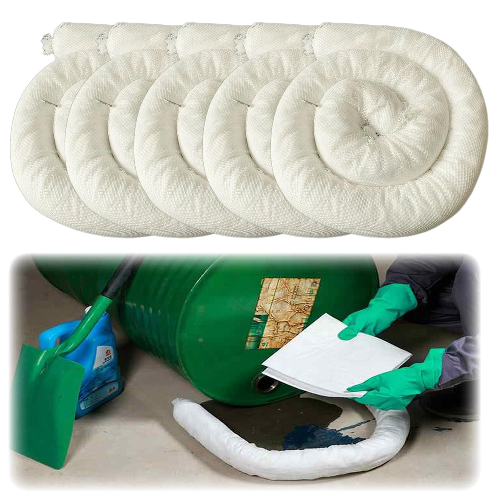 Chaussettes Absorbantes pour Huile Barrage flottant de confinement d'hydrocarbures, diamètre 7,6 cm, absorbant jusqu'à 18/36/54 L, extra large pour hydrocarbures et carburants, hydrofuge(Pack of 1,6m)