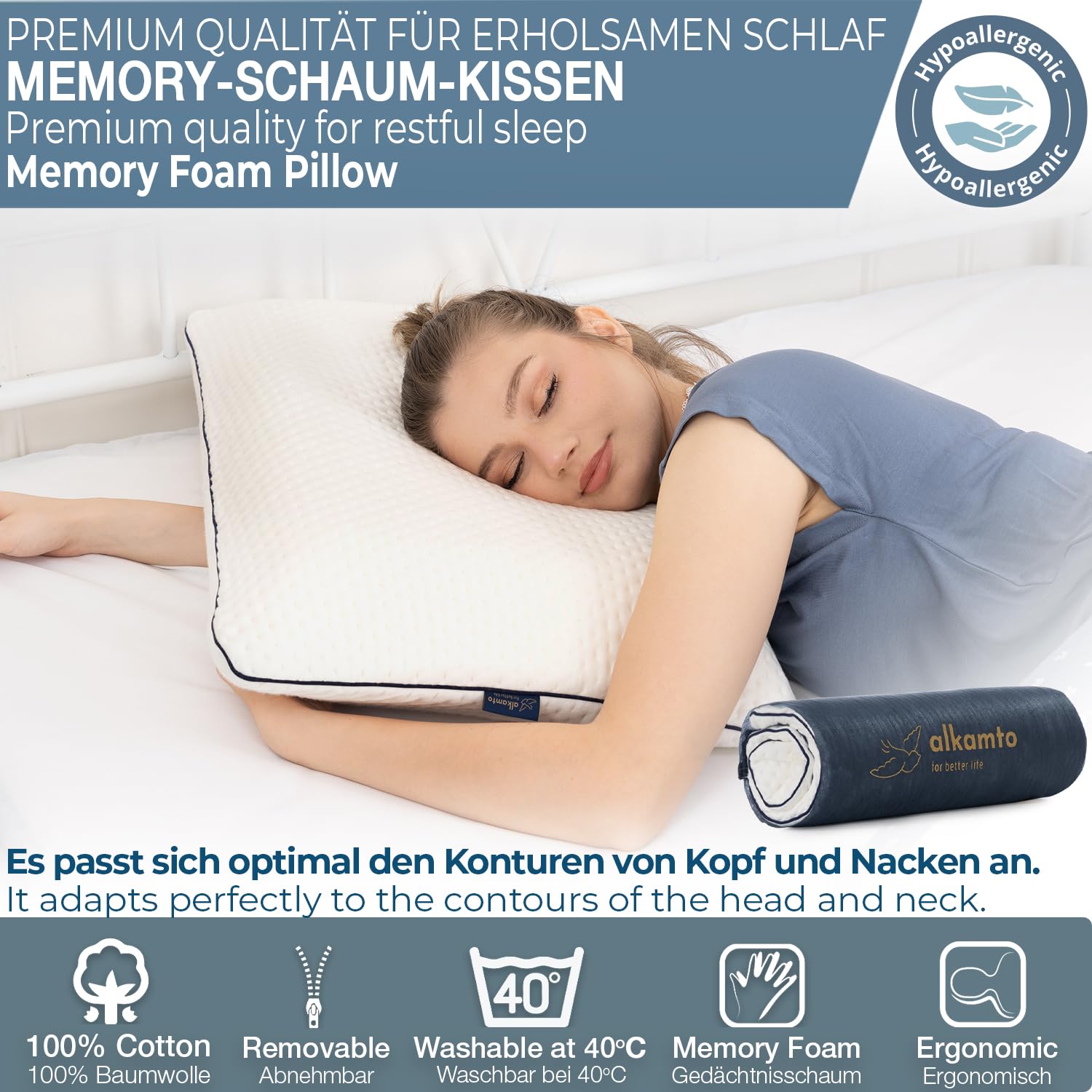 alkamto Cuscino in memory foam, 70 x 45 cm, ergonomico, certificato Oeko-Tex, rivestimento termoregolante, ipoallergenico e lavabile, per chi dorme sulla schiena e sul fianco (70 x 45 x 12 cm)