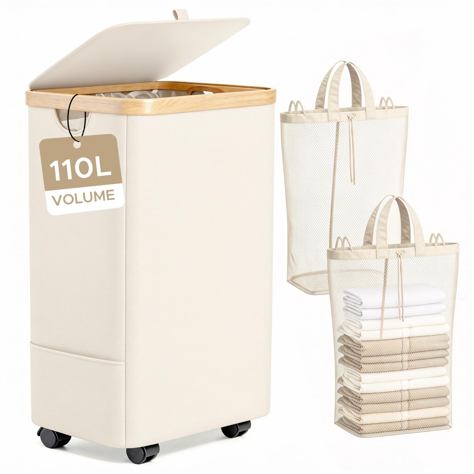 JYPS110L Laundry Hamper with Lid, 2 Compartments Rolling Laundry Hamper
