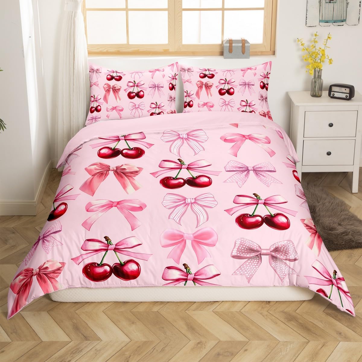 Pink Bowknot Duvet Cover Set Toddler Size,Kawaii Bow Tie Girly Princess Style Reversible Quilt Cover for Kids Boys Girls Cute Dreamy Cherry Tropical Fruits Bedding Set with 1 Pillowcase,No Comforter