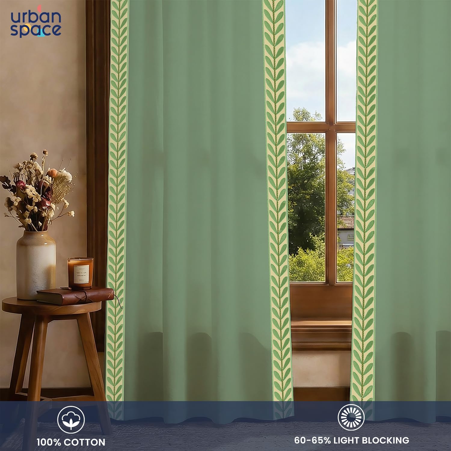 Urban Space Bohemian Curtains for Window, 100% Cotton Curtain 5 Feet Long, 1 Piece Decorative Curtain with Embroidered Lace, Tieback & Eyelets Included (Leaves lace - Sage Green, Window - 5 feet) 1