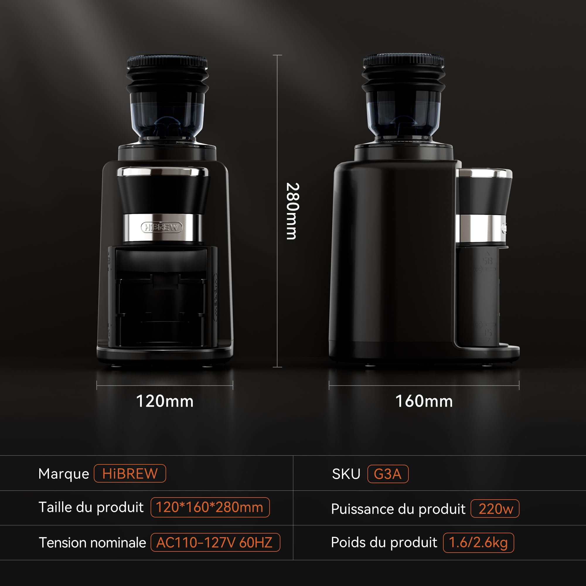 HIBREW G3A Moulin à café électrique - Moulin conique en acier inoxydable avec arôme préservé, tasse unique, 200 watts, 31 réglages de mouture réglables