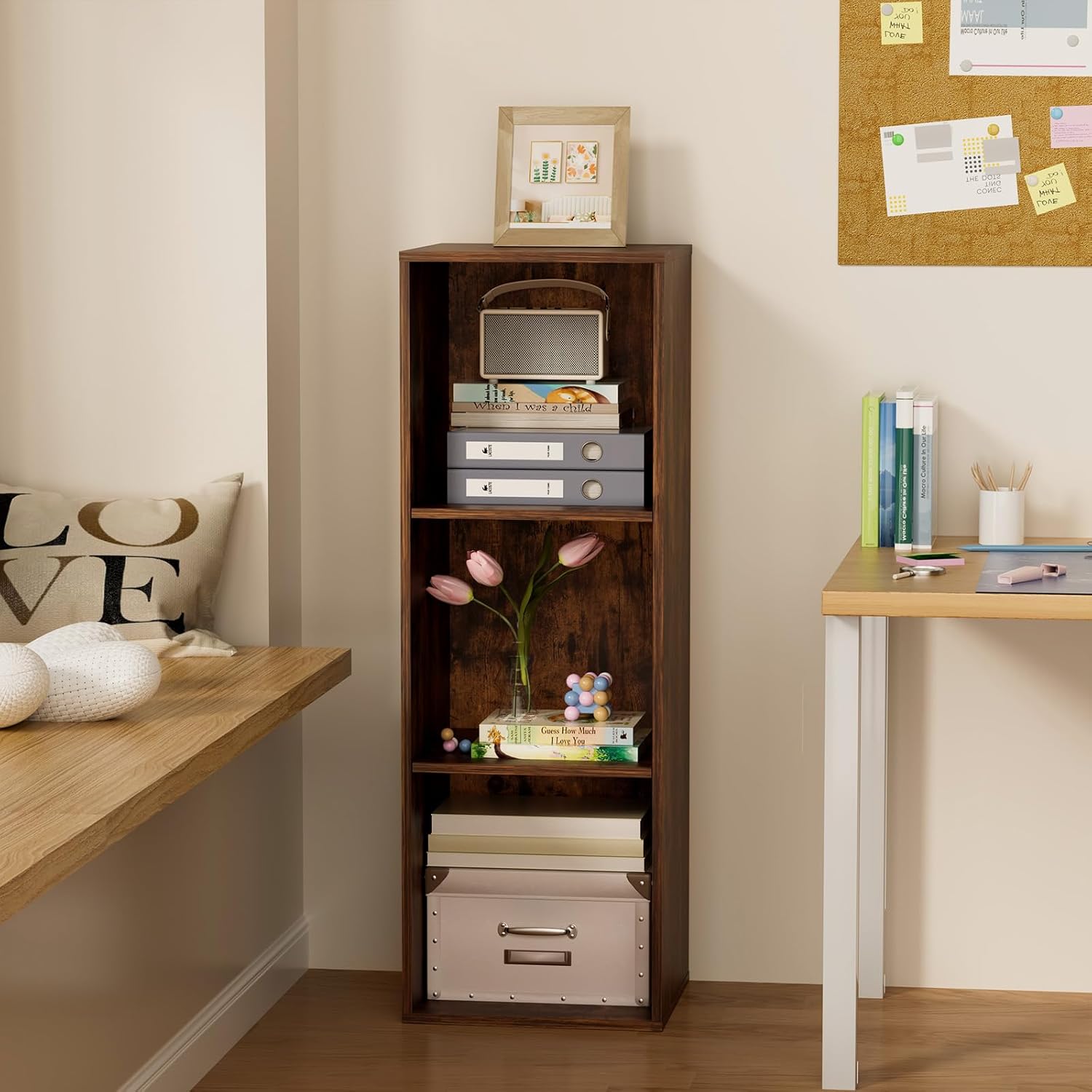 3 Tier Bookshelf, Narrow Bookcase for Small Spaces, Wooden Book Case Bookshelves Storage Organizer for Bedroom Living Room Home Office (Retro Brown, 3 Cube)
