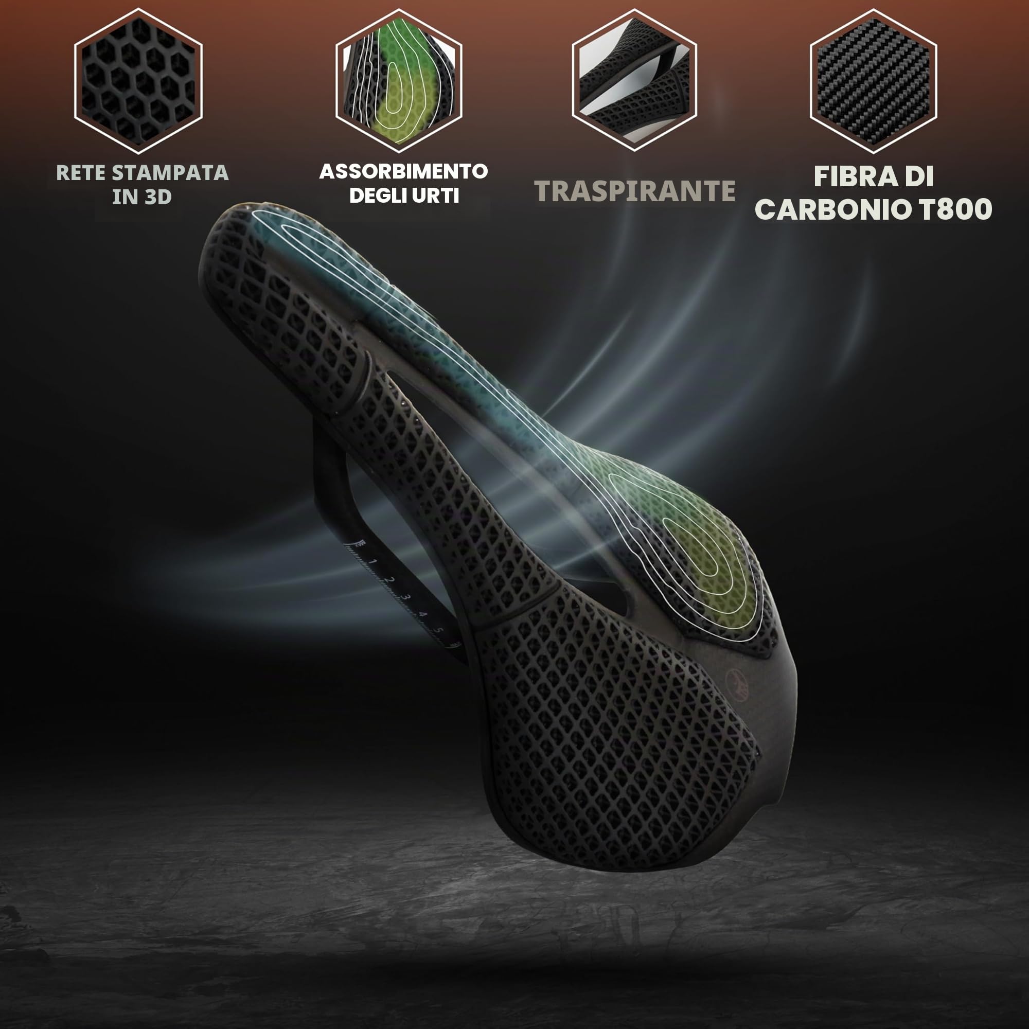 IMPALAPRO Sella in Carbonio Stampata 3D Ultraleggera 250x140mm — Sella 3D Carbonio T800 Alta Rigidità — Sella Bici Ergonomica Traspirante