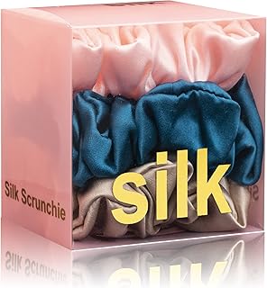Silk Scrunchies for Hair 100% Mulberry Silk Hair Ties 3 Pack(Pink, Peacock Blue, Apricot)