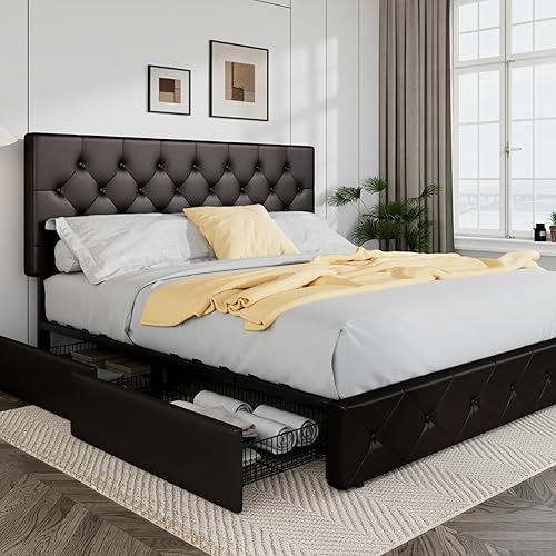 Miniatura 23 de Allewie - Base de cama tapizada de tamaño Full con plataforma, con 4 cajones de almacenamiento y cabecera, diseño cosido en cuadrados con botones,