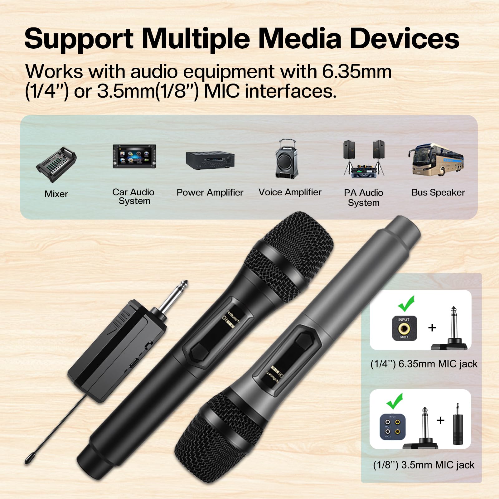 Microphone sans Fil Micro à Main Double avec Récepteur Rechargeable, Sortie 1/4”, 1/8" pour Amplificateur, Système de Sonorisation, Karaoké, Église, Réunion (Noir & Gris)