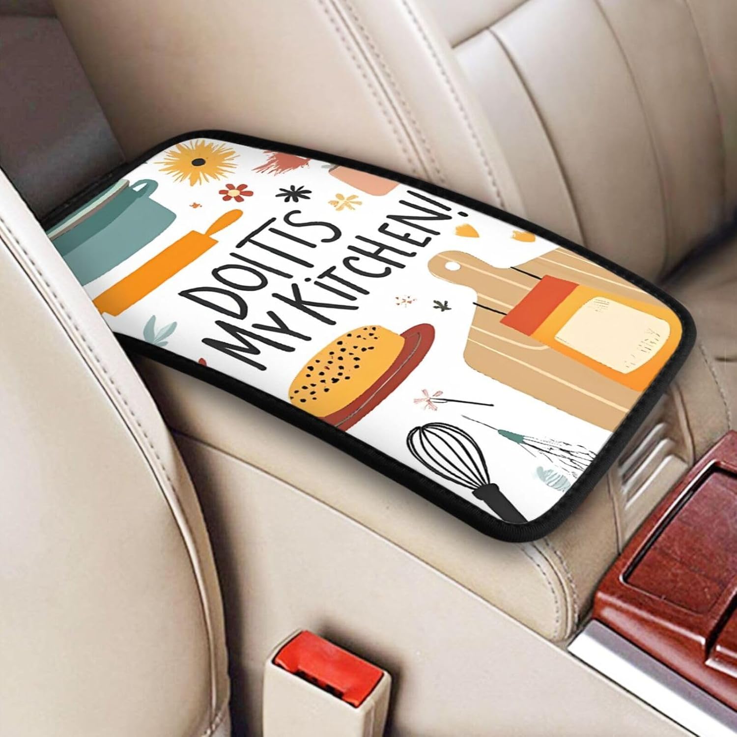 Kitchen Doodle Pattern Print Car Center Console Cover Universal Neoprene Car Armrest Storage Box Decoration Protector Pad for Car Truck SUV, Interior Accessories