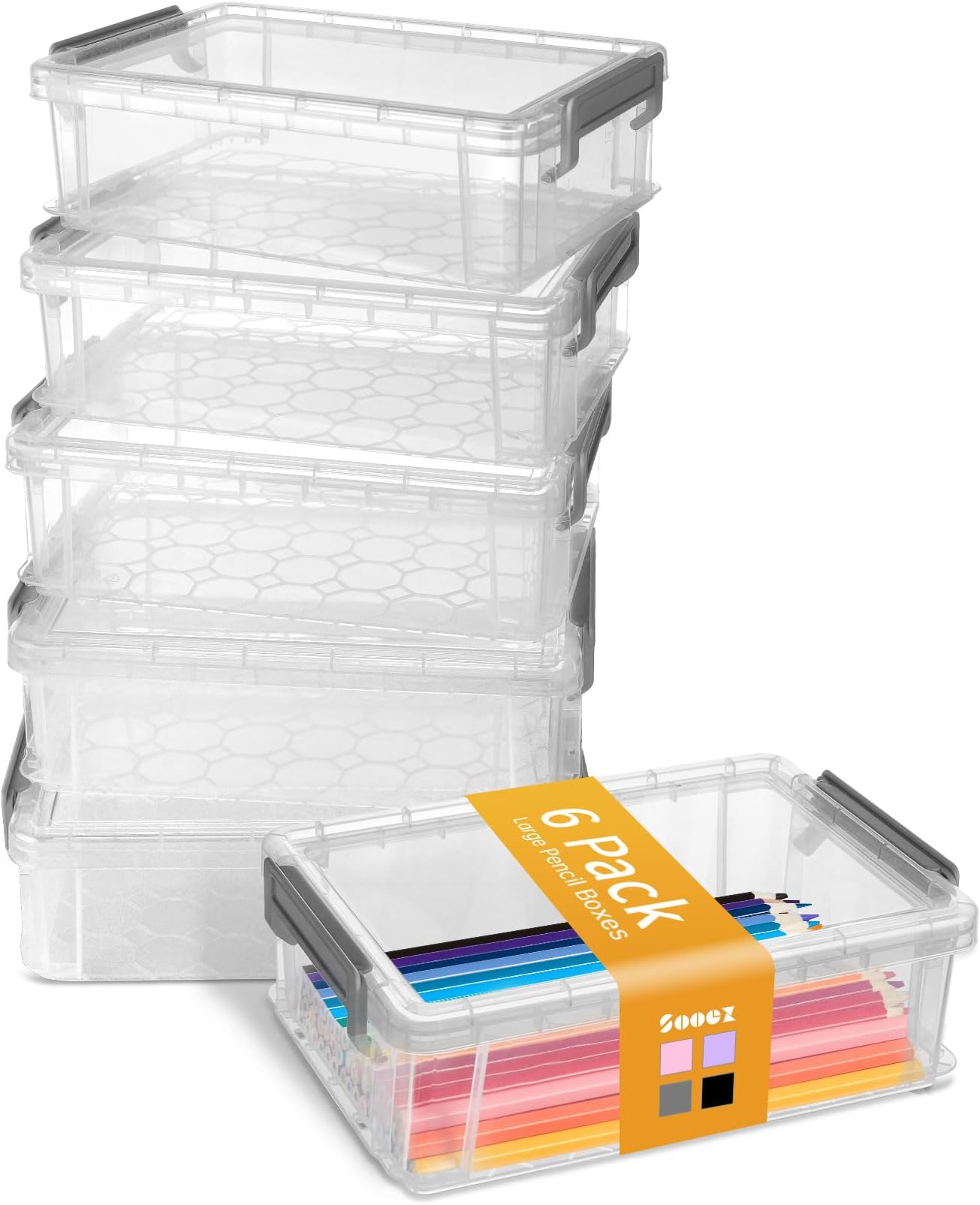 Sooez 6 Pack Extra Large Pencil Box, Plastic Pencil Case Crayon Box, Clear Marker Organizer Plastic Containers with Lid, Stackable Storage Boxes for Art Craft,Pen,Back to School Teacher Supplies, Grey