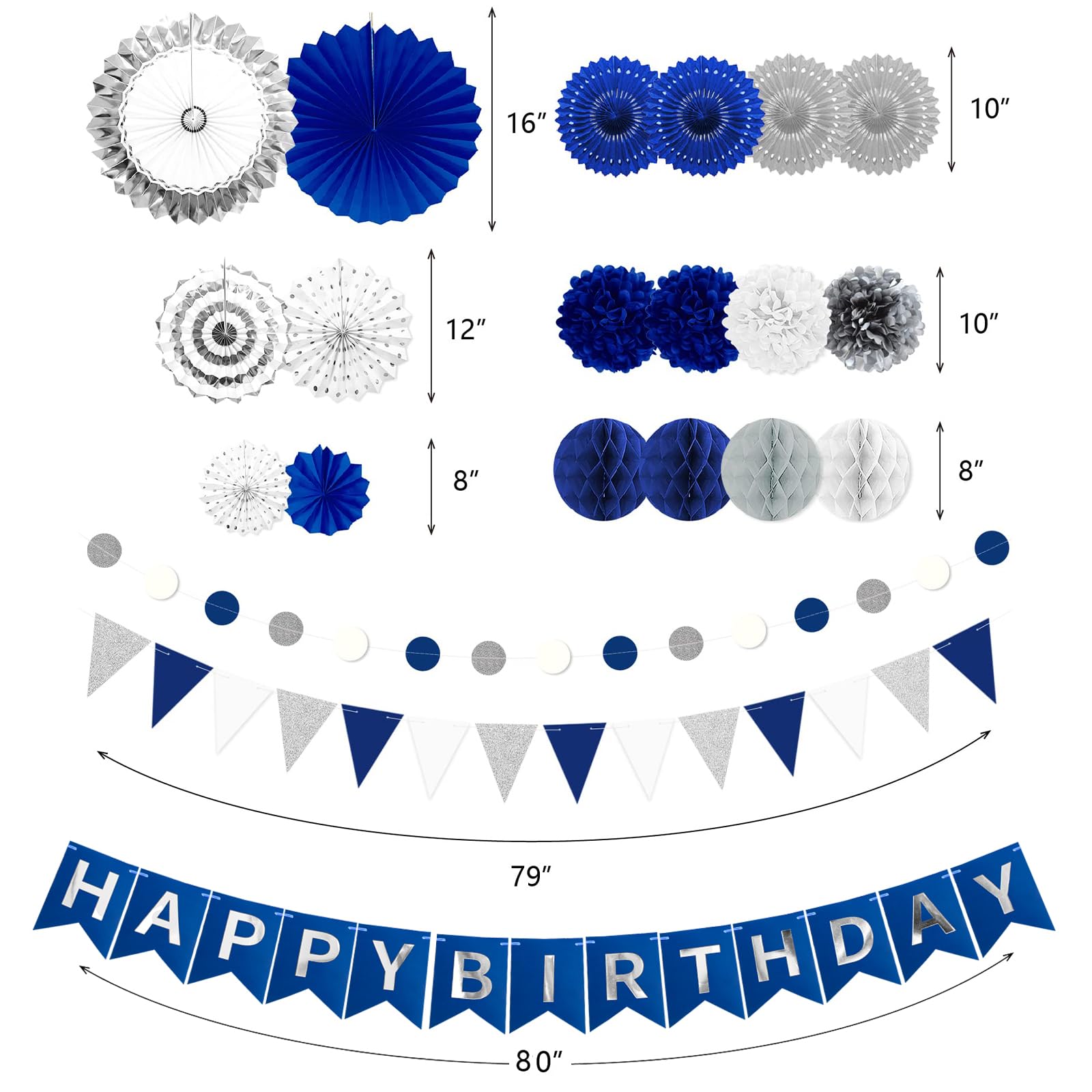Decoración de fiesta de cumpleaños azul marino y plateado, 24 abanicos de papel colgantes, pompones, flores, guirnalda de lunares, pancarta de feliz cumpleaños para niños, cumpleaños, baby shower,