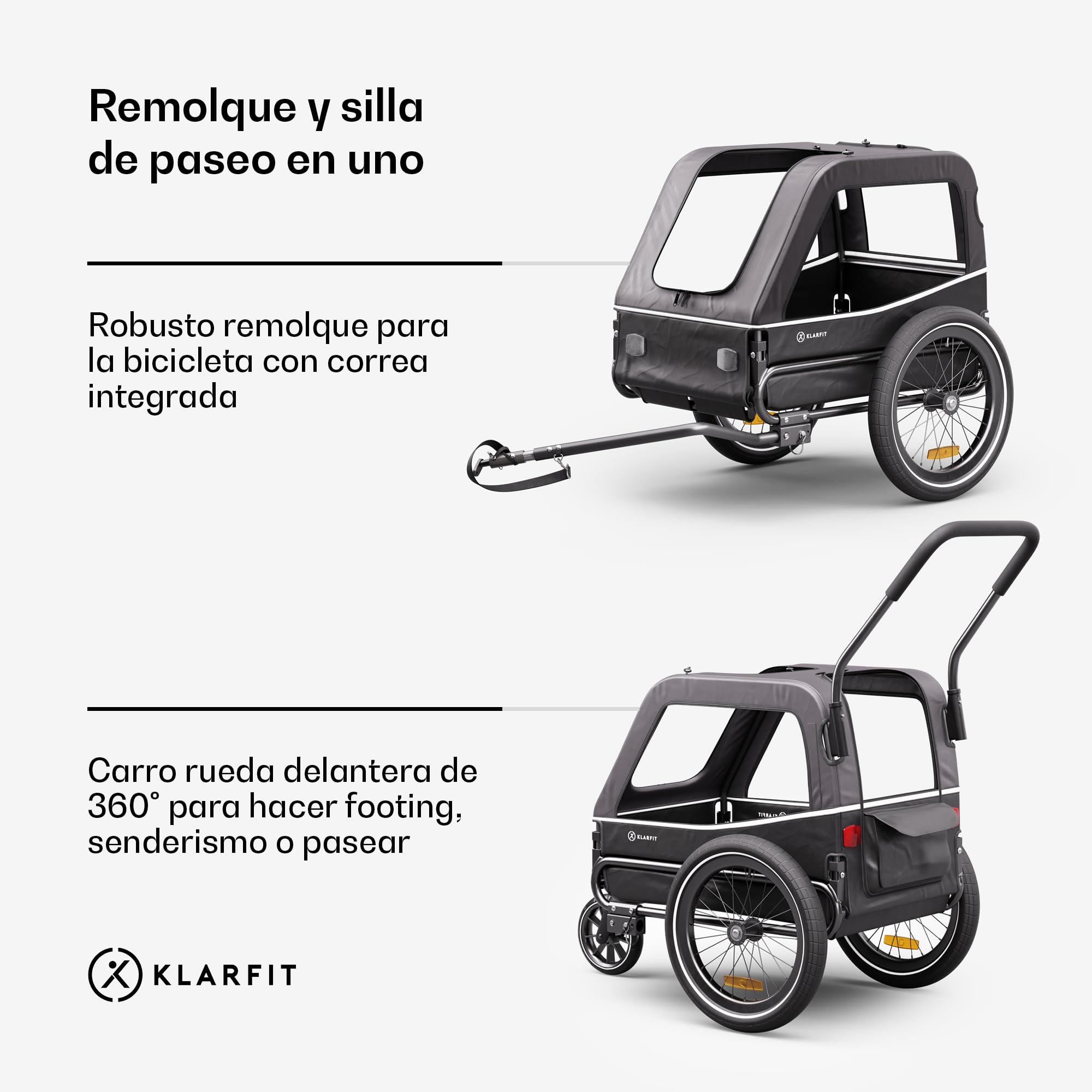 Klarfit Goldie S Remolque Bicicleta Perro, Carro Bici Plegable con Correa Integrada, Poliester Impermeable, Doble Fijación, Reflectores & Cubierta para Lluvia, Carga Máx 45kg, Gris Oscuro