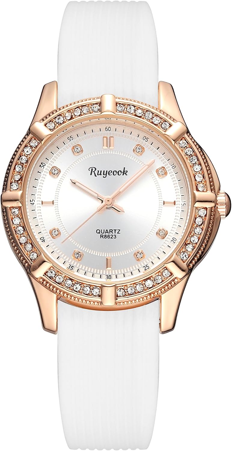 Ladies Quartz Watch, Crystal Rhinestone Bezel, Silicone Band,White/Black/Pink/Green Band Options Waterproof Nurse Wrist Watch for Women