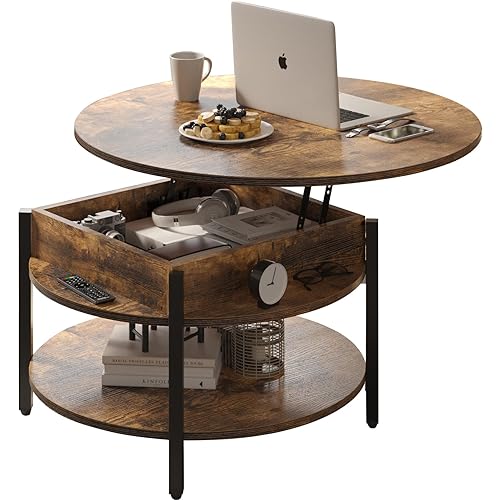 FABATO Round Lift Top Coffee Table with Storage and Hidden Compartment, 26.77'' Farmhouse Coffee Table for Living Room Reception Room, 2 Tier Small Round Coffee Table Circle Dining Table, Rustic Brown