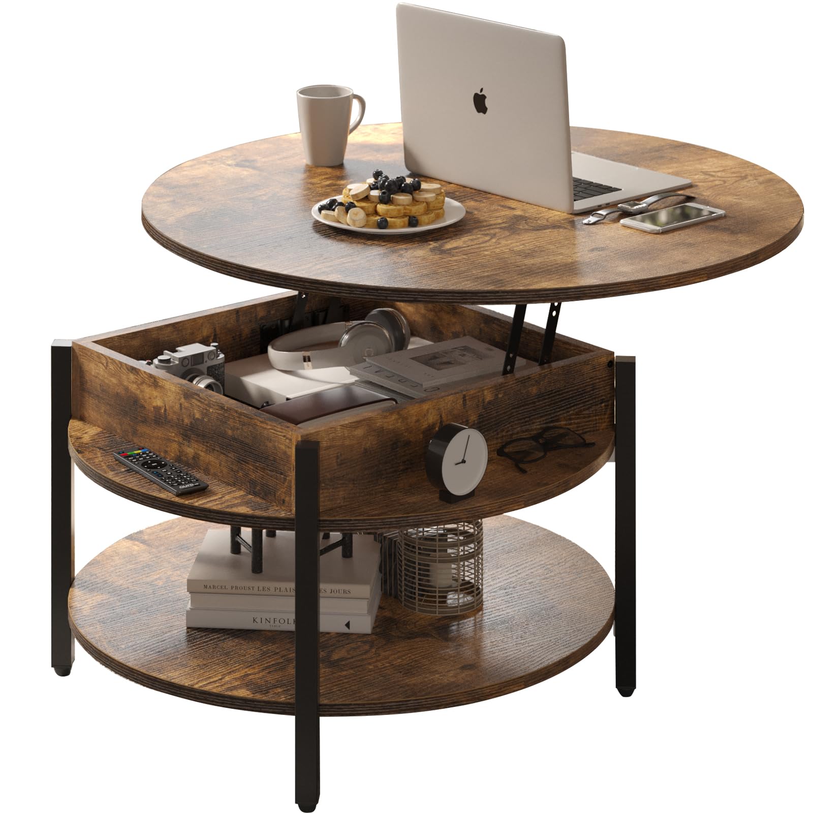 FABATO rustic brown round lift-top coffee table with storage and hidden compartment