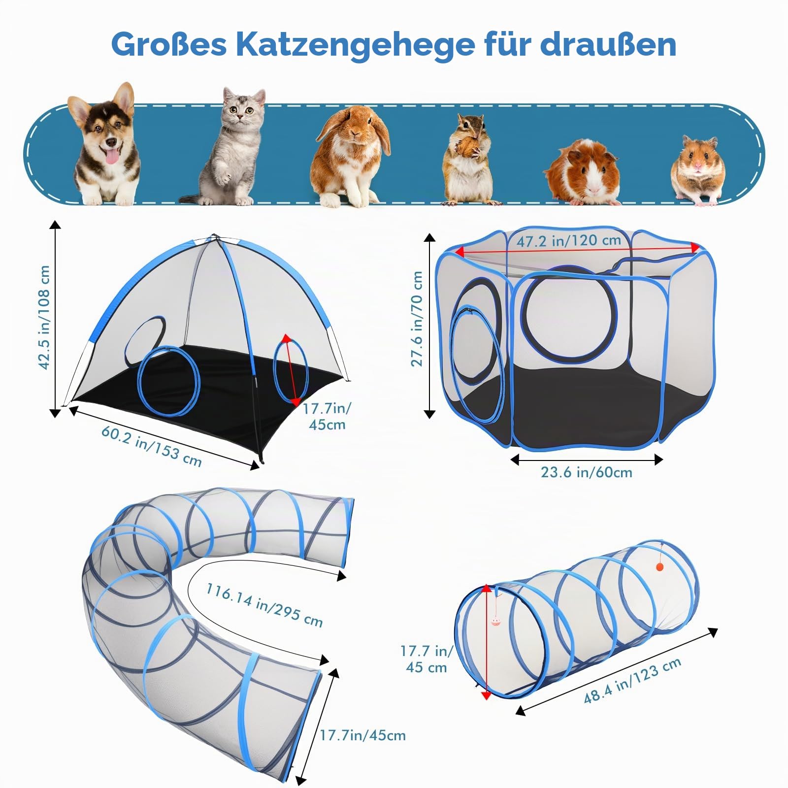 Outdoor-Katzengehege, Katzenzelt Playpen mit Tunnel, 4Pack (4in1)