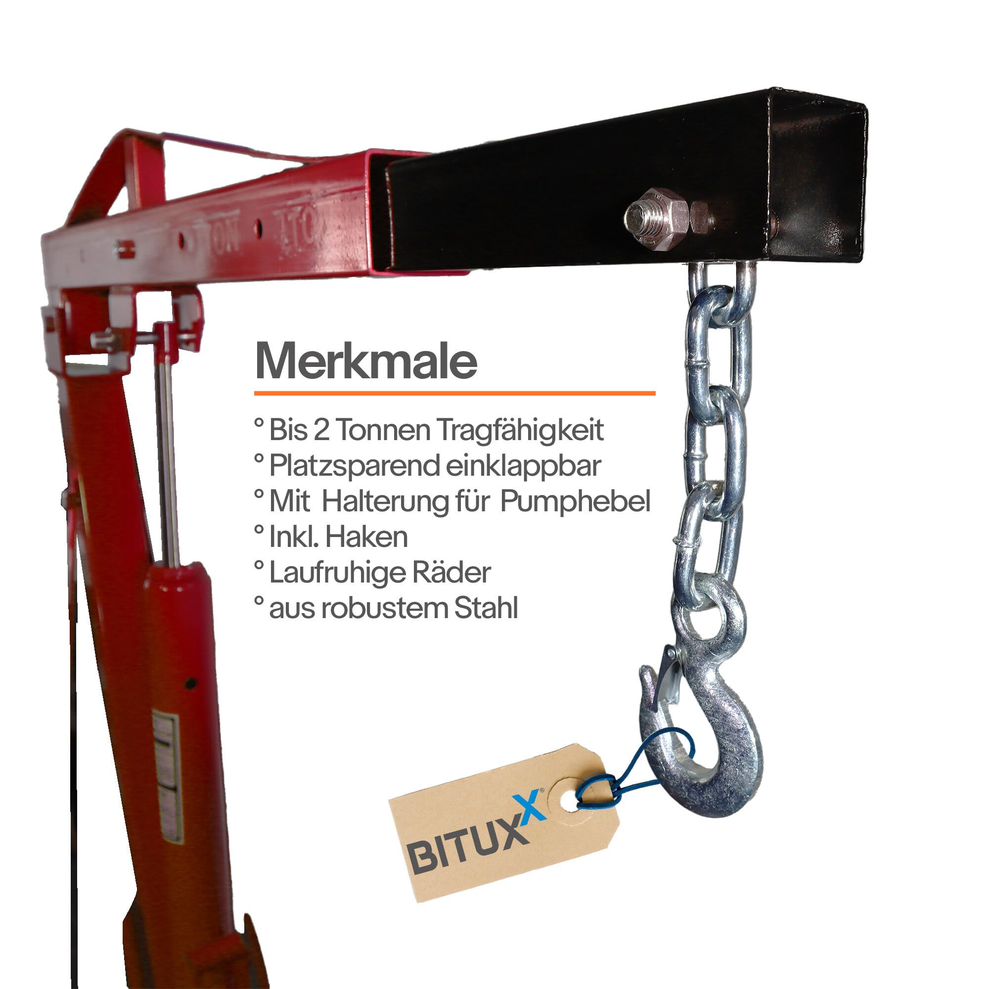 Bituxx Werkstattkran Hydraulischer Motorheber Motorkran Lastkran Hebekran Klappbar Motorhalter bis 2000 Kg Rot