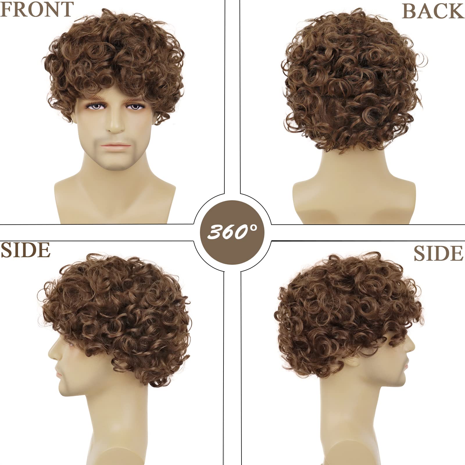 Perruque Synthétique Homme Brun Foncé - Court Bouclé Dégradé Avec Frange + Bonnet