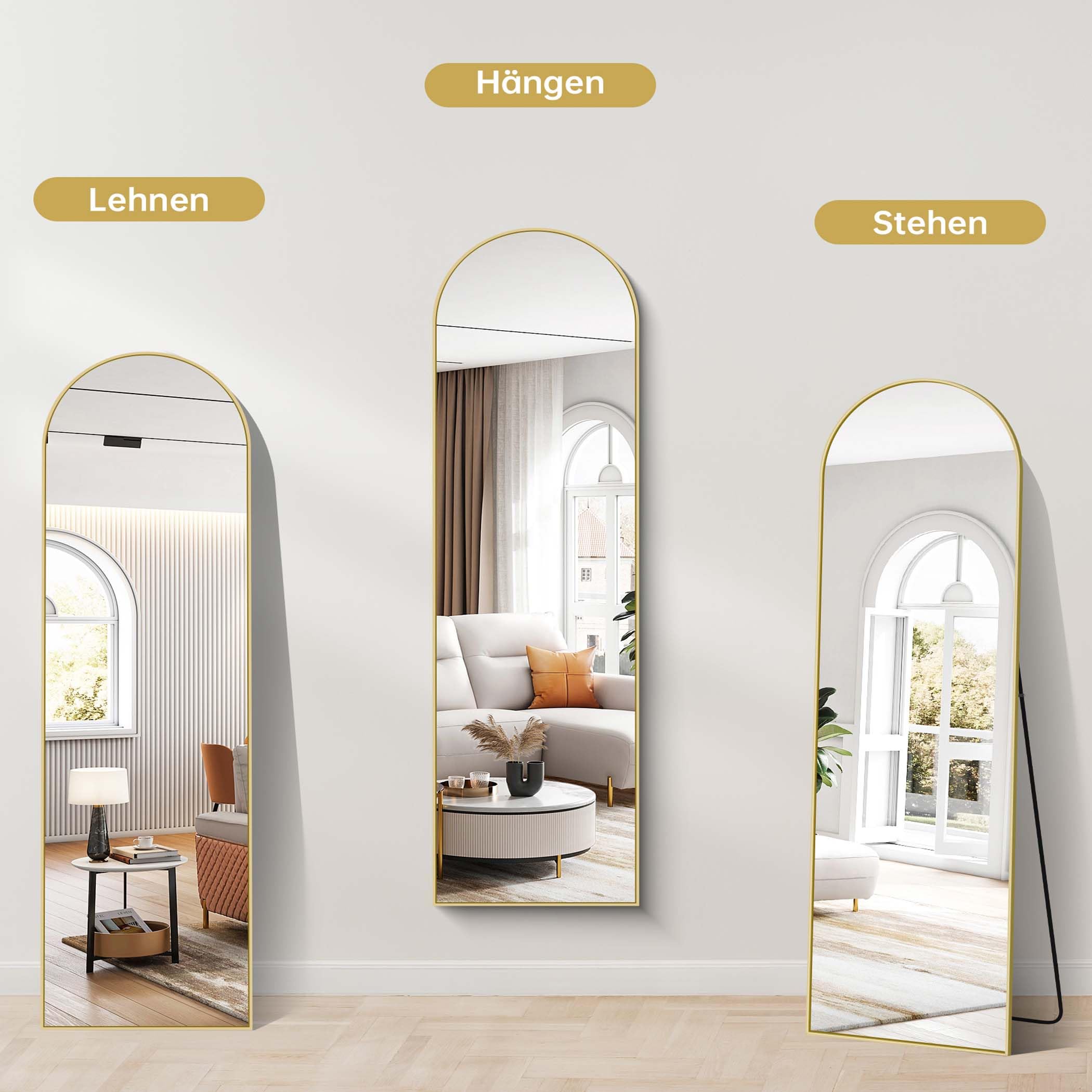 Miroir Arqué Pleine Longueur 150 x 40 cm, Pied Penché ou Suspendu, Cadre Métal Doré, Anti-déflagrante, Pour Salon Chambre