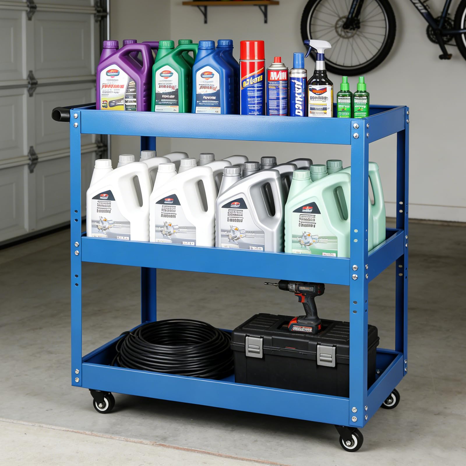 Edelstahl Rollwagen, 3-Etagen Schwerlast Werkstattwagen mit Rollen, Multifunktionaler Materialwagen, 66×35,5×72 cm Kommissionierwagen, Vielzweckwagen für Garage und Werkstatt, Blau,250 kg Gesamt