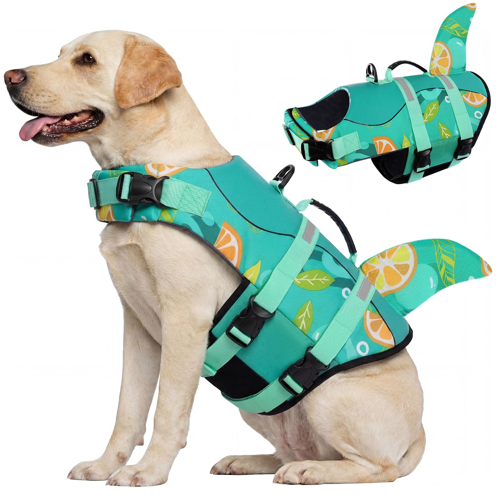CITÉTOILE Schwimmweste Hunde Hai, Leicht und Sicher für Wassersport, hundeschwimmweste mit Griff und Reflektierend für Kleine Mittlere und Große Hunde, Zitronen Grün, XL