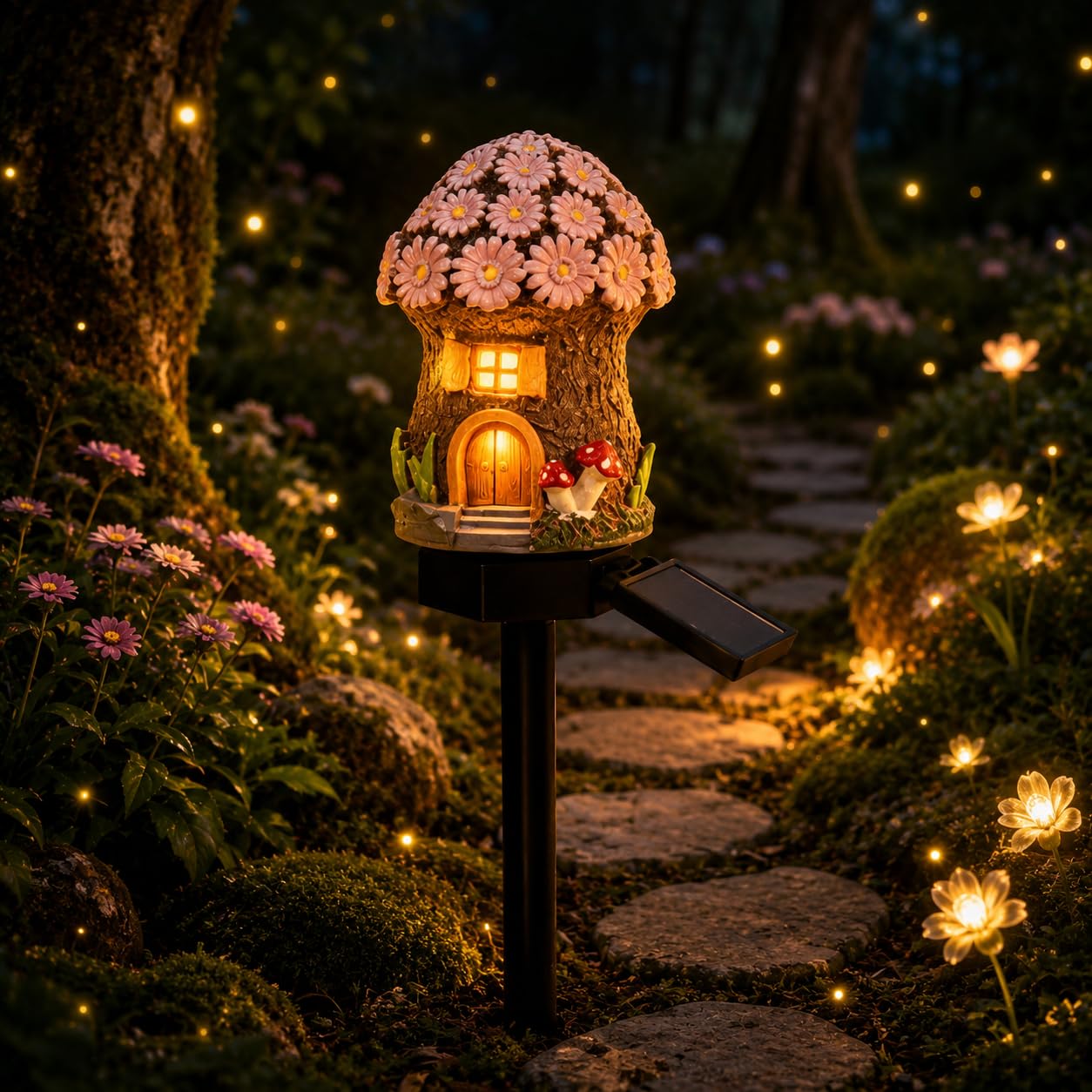 Solar Fairy-Tale Mushroom Cottage Garden Light,Waterproof LED Outdoor Mushroom House Statue Decor Lamp,Resin Cottage Garden Stake Lights,Auto On/Off Landscape Pathway Light for Yard Lawn Flower Bed