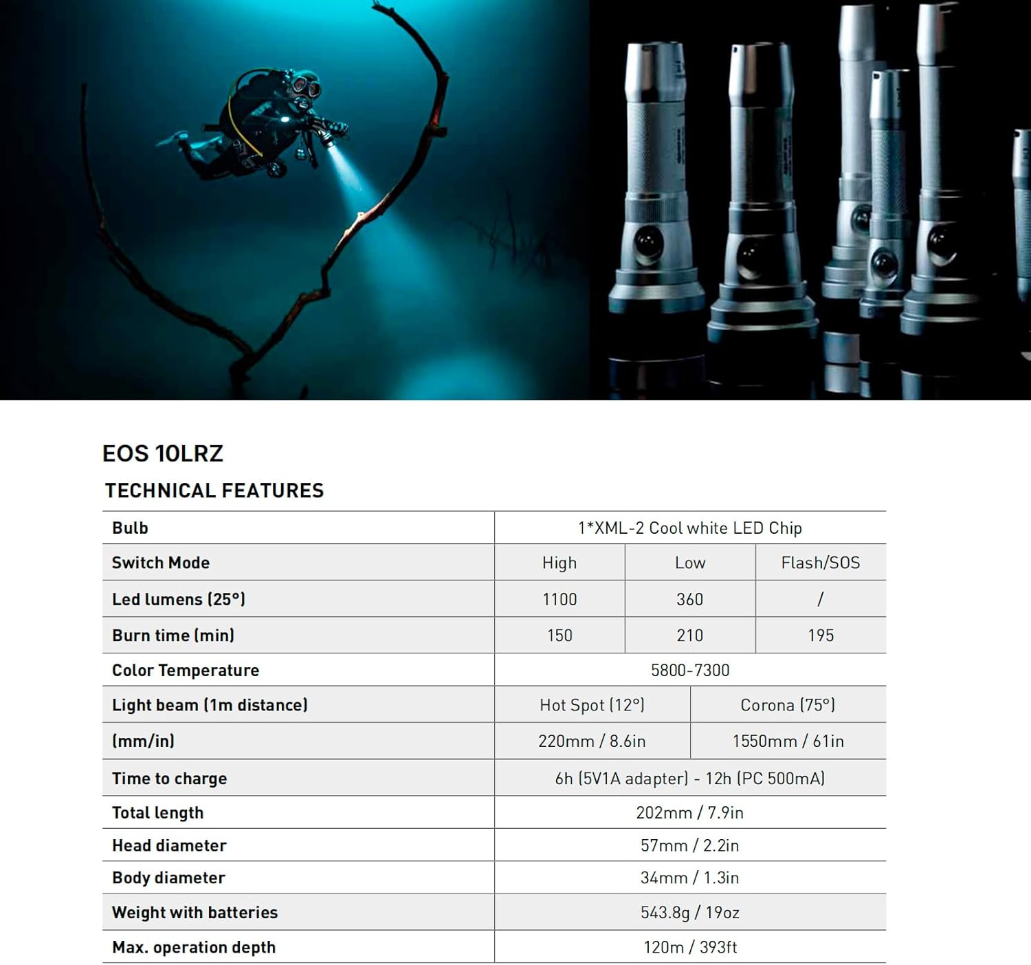 Mares EOS 10LRZ 1100 Lumen Dive Light, Submersible USB Rechargeable Resistant Aluminum Scuba Diving Underwater Torch, Adjustable Beam, LED Charge Indicator, 415644