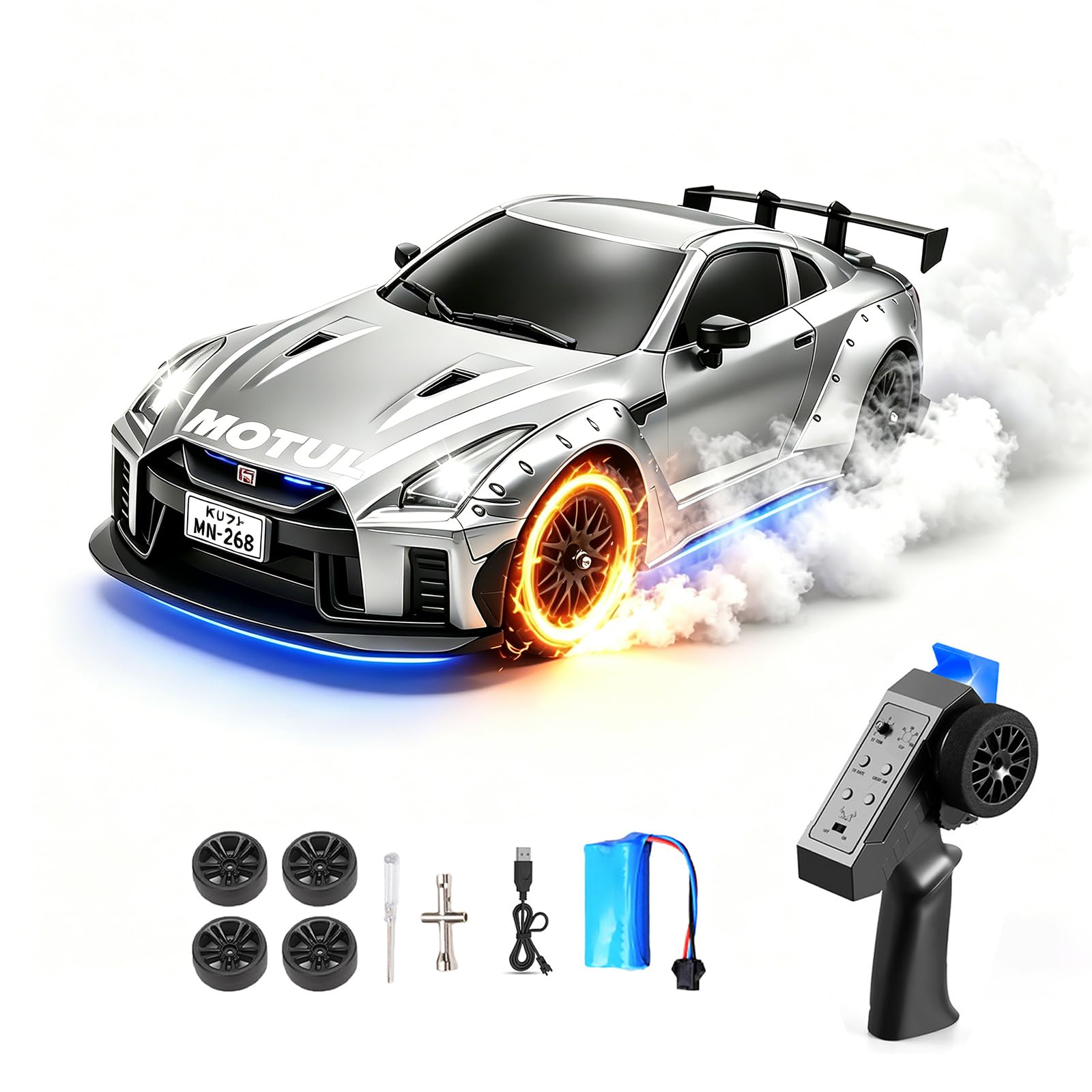 Hylukon MN-268 RC Drift Car, 1:16 Scale High Speed 20 KM/H Racing Drift Car with Gyro, LED Lights and Drift Tires, 2.4G Hobby RC Cars Gift for Adults and Teens (1 Battery)