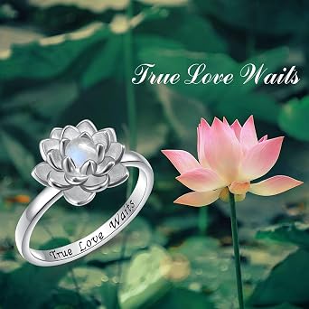 Moonstone Lotus Ring, Sterling Silver True Love Waits Engraved Lotus Flower Blossom Fidget Ring Natural Healing Buddha Spiritual Yoga Jewelry Gifts for Women