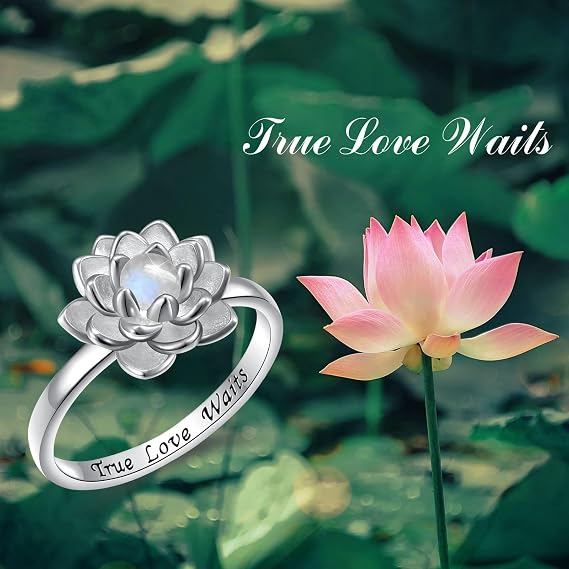 Moonstone Lotus Ring, Sterling Silver True Love Waits Engraved Lotus Flower Blossom Fidget Ring Natural Healing Buddha Spiritual Yoga Jewelry Gifts for Women