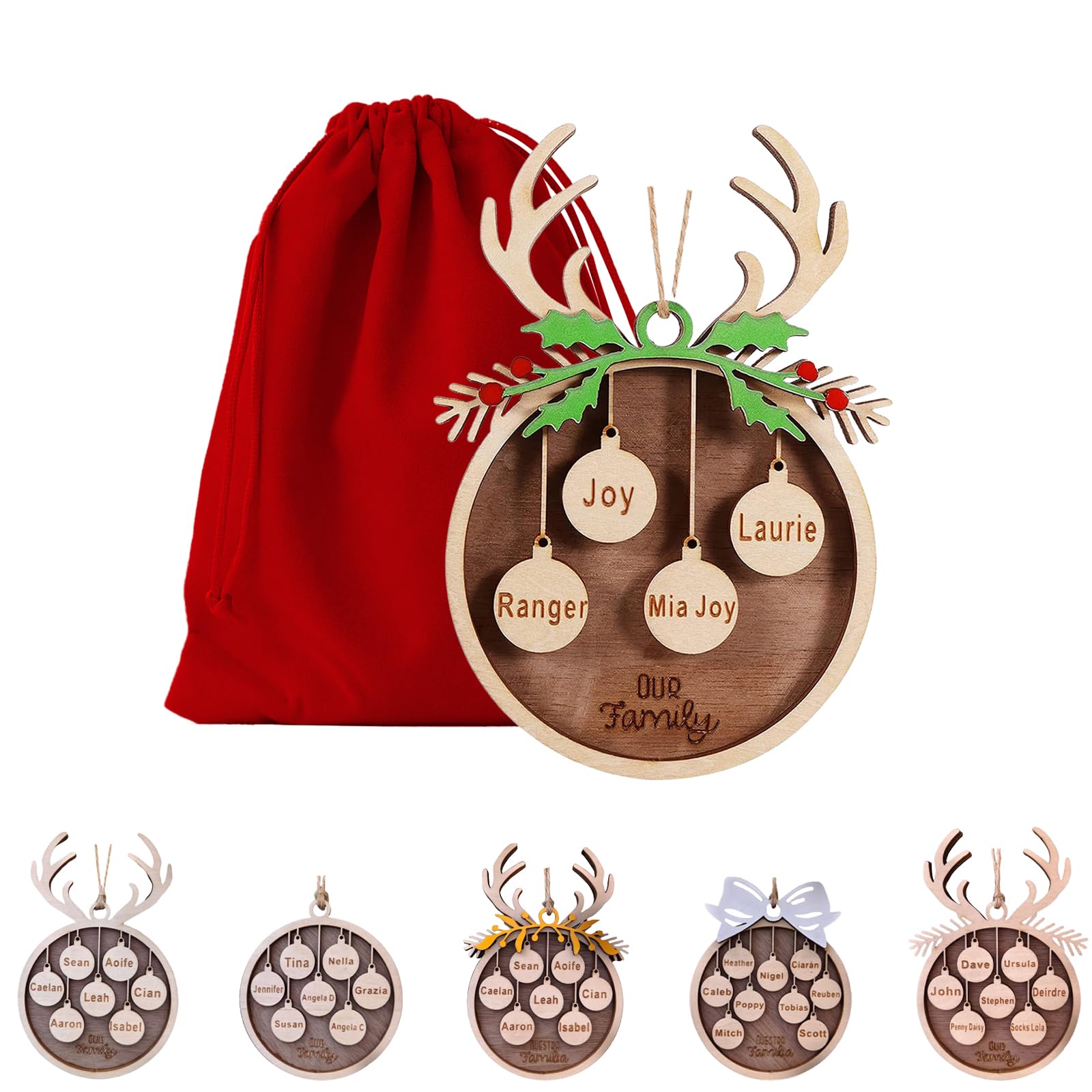 Personalized Christmas Ornament with 1 to 10 Name, Custom Wooden Christmas Ornaments Engraved Name Initials, Christmas Tree Hanging Keepsake Ornament, Xmas Wood Handcrafted Decorations Gift