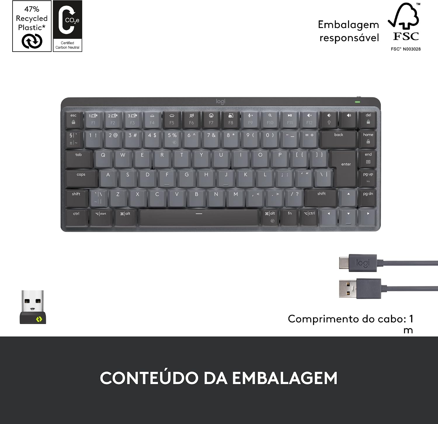 Teclado Mecânico sem fio Logitech MX Mechanical Mini com Teclas Retroiluminadas Tactile Quiet, Conexão USB ou Bluetooth Easy-Switch para até 3 dispositivos e Bateria Recarregável