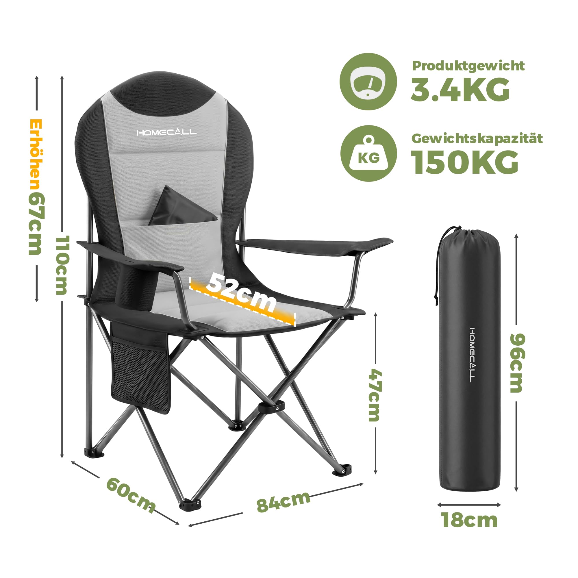 Homecall Campingstuhl Faltbar 150kg Belastbar Campingstuhl Hochlehner 108cm mit Lendenwirbelstütze, Gepolstert Klappstuhl Camping Stuhl Angelstuhl Faltbar für Garten Picknick (Grau - 1 Stück)