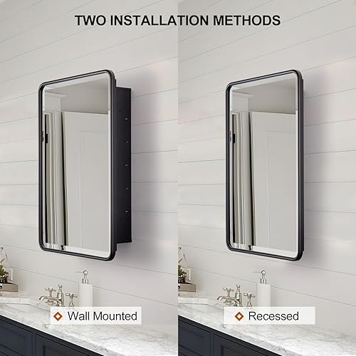 Miniatura 7 de Botiquín de baño negro con espejo de 16 x 24 pulgadas, marco de metal empotrado o montado en la pared, gabinete de medicina de una sola puerta con