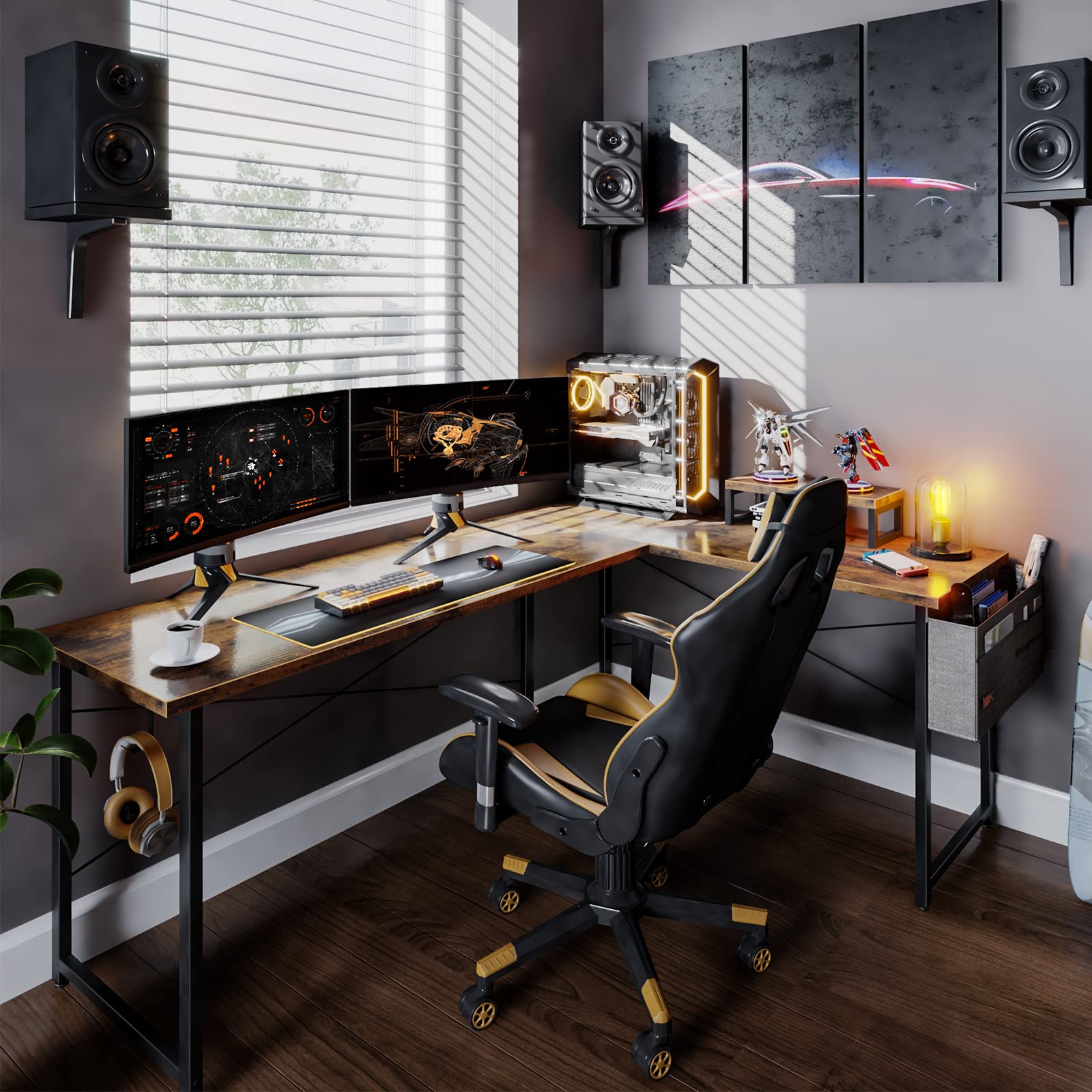 ODK L Shaped Desk, 66" Computer Corner Desk, Gaming Desk, Home Office Writing Desk with Monitor Shelf, Space-Saving Workstation Desk, Modern Simple Wooden Desk, Easy to Assemble, Vintage
