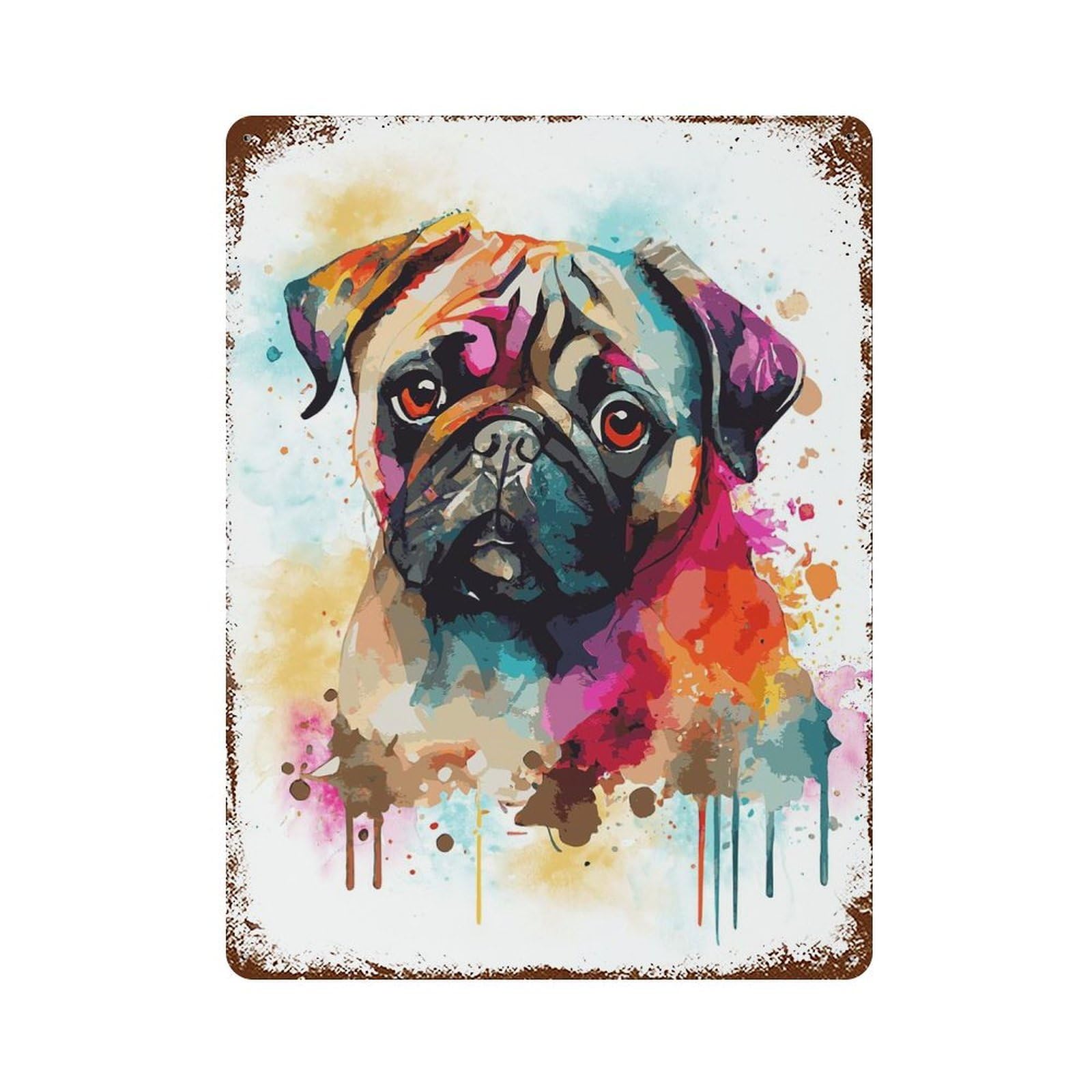 Colorful Pug Dog Portrait Rust Effect Tin Sign 15.7"x11.8", Industrial Home Decor for Bistro, Counter And Cafe Decor