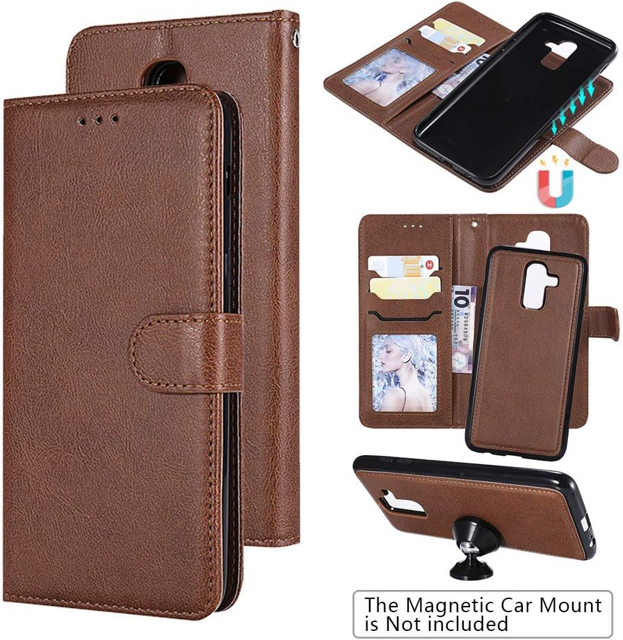 UDIKEFO Samsung J8 Case, Samsung Galaxy J8 Flip Case, 2 in 1 Detachable Premium Leather Case Magnetic Slim Back Cover Card Holder Slot Wrist Strap Cover for Samsung Galaxy J8 2018 6.0 inch Brown
