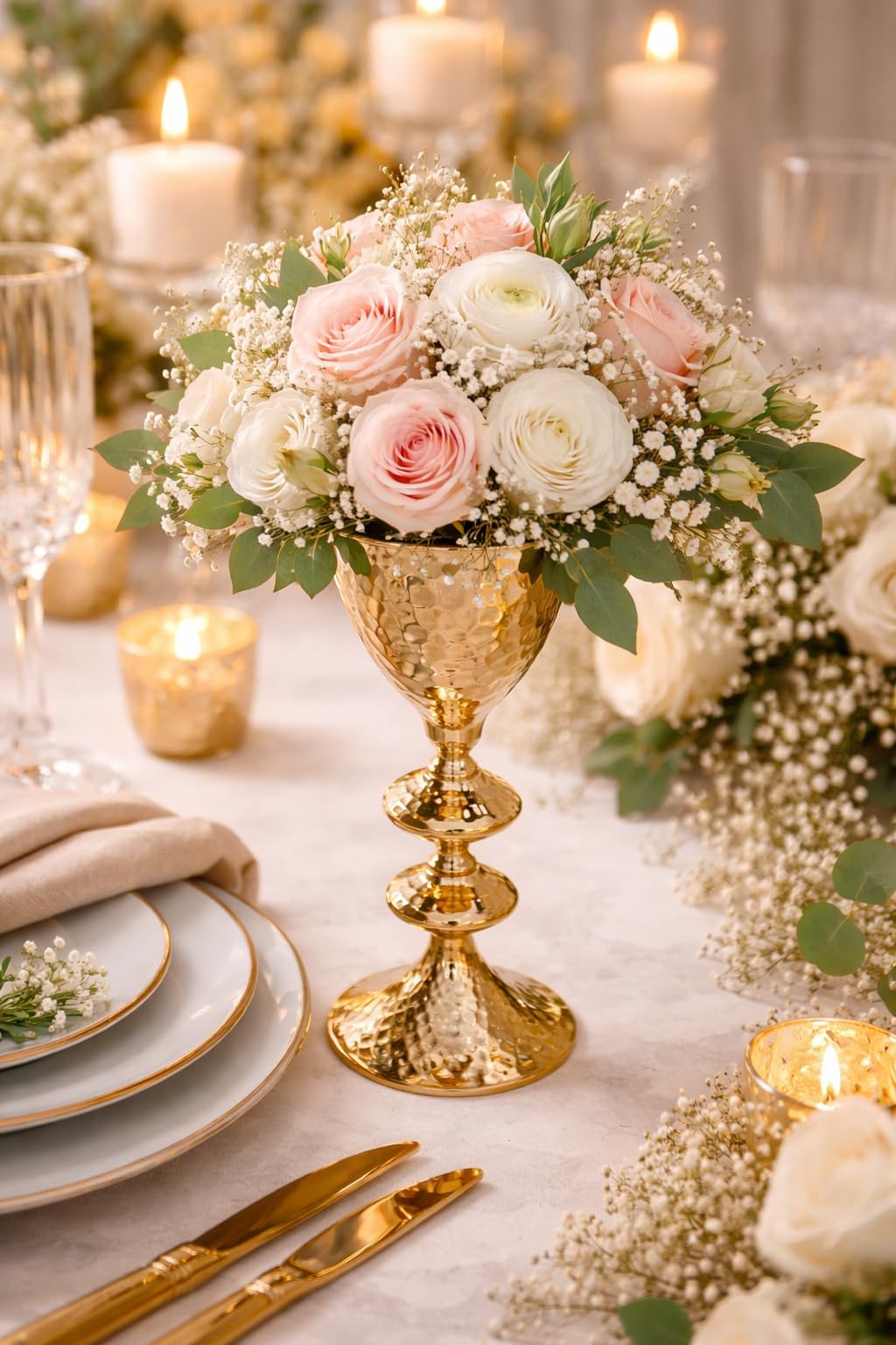 Extreme Karigari Hammered French Gold Metal Flower Vase | Alloy Steel Decorative Centerpiece | Electroplated Finish | Table Décor for Wedding, Home & Events (Large) 2