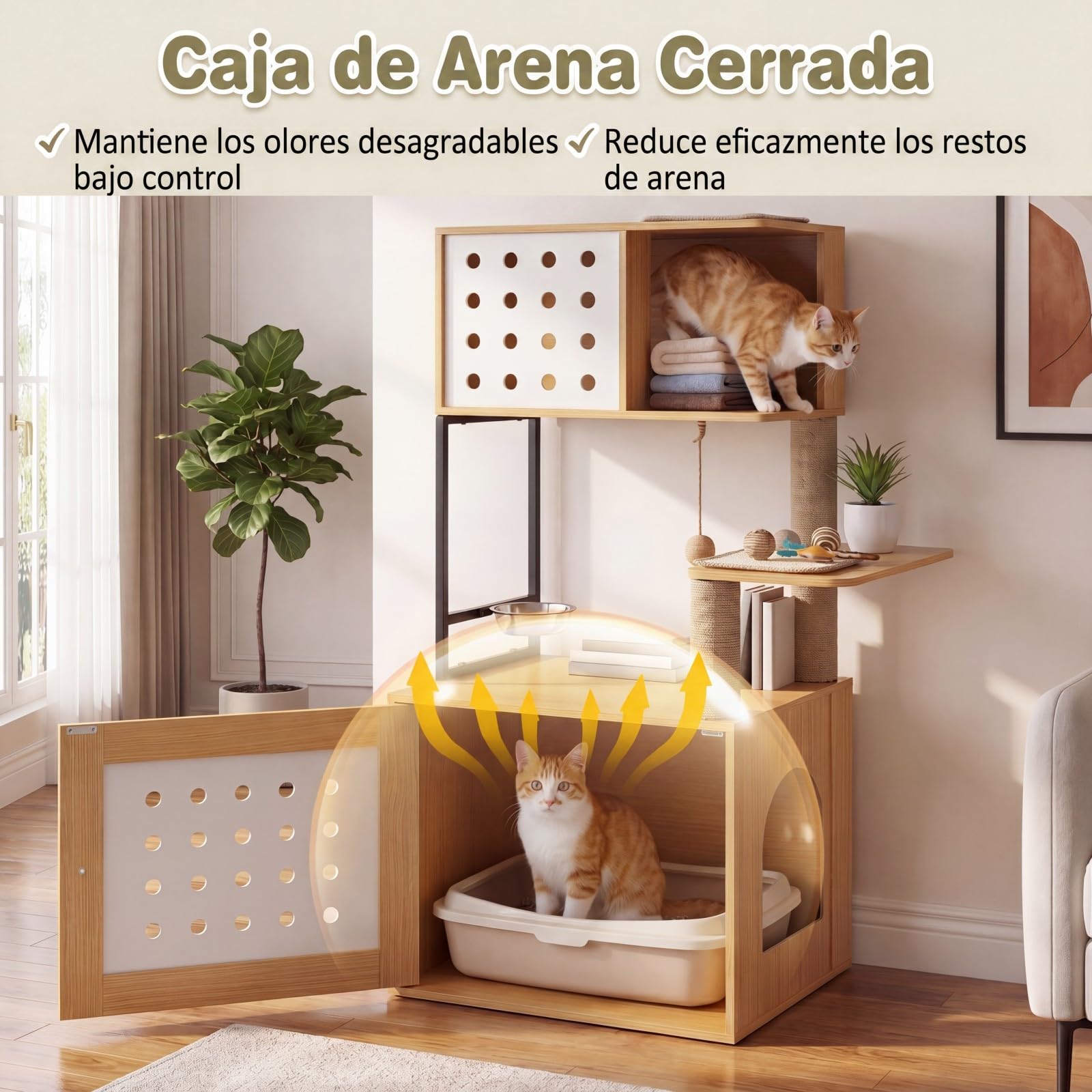 GOPLUS Árbol Rascador para Gatos de Múltiples Niveles, Altura 117,5 cm, Torre para Gatos con Recinto para Caja de Arena, Postes Rascadores de Sisal, Condo, Alimentación y Bola Colgante (Natural)