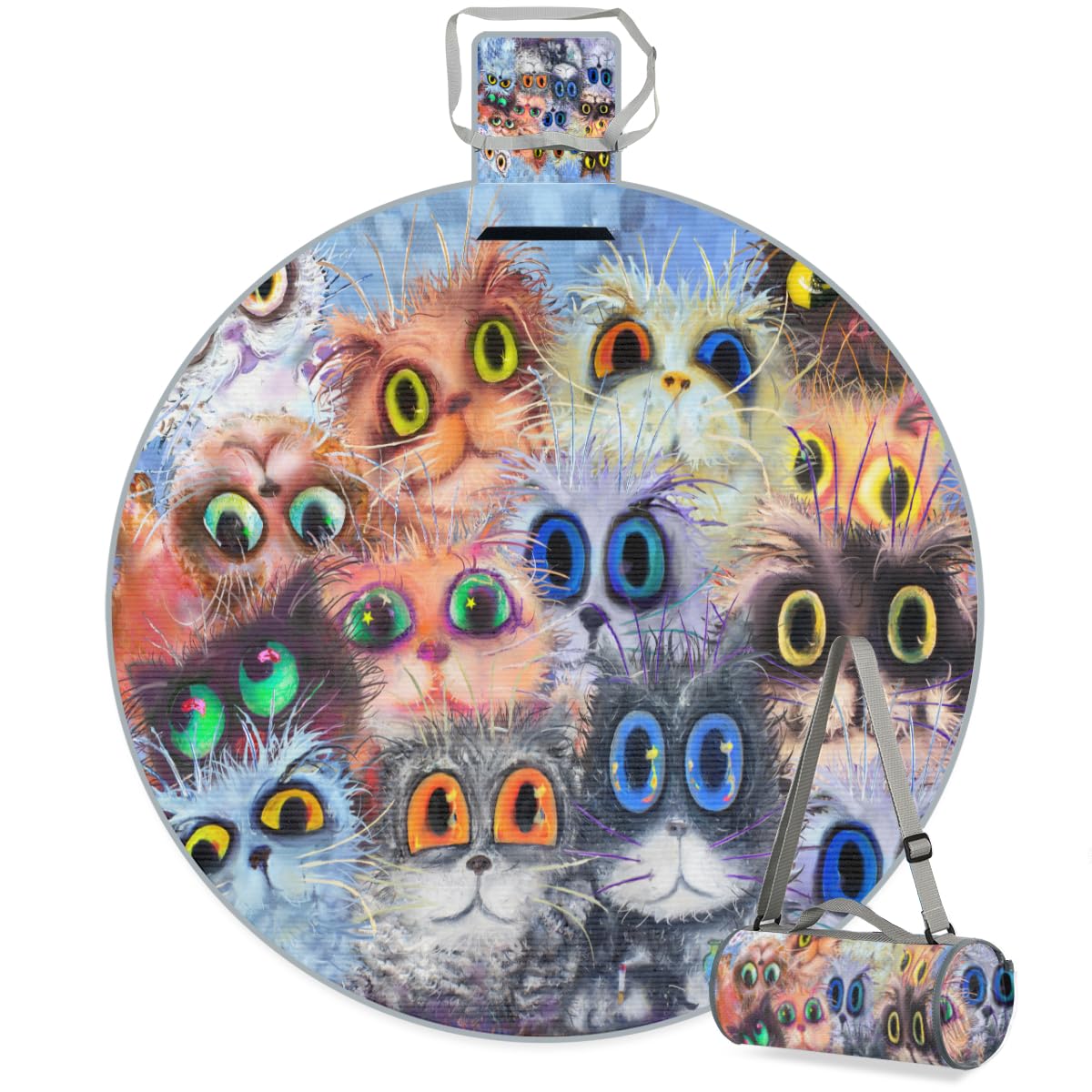 Shimoshe Watercolor Cat Picnic Outdoor Blanket Foldable Waterproof Sandproof Beach Blanket Portable Water-Resistant Round Picnic Mat for Travel Camping Park Lawn