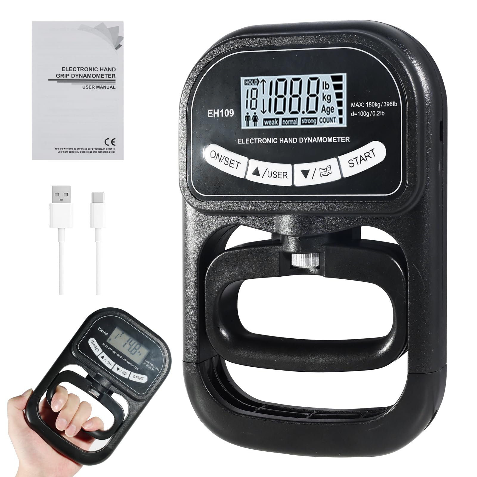 Dinamometro Digitale per Afferrare, 396 lbs/180 kg, Dinamometrica Manuale con Display LCD, Dinamometro Addestramento Afferrare Nero, con Cavo di Ricarica USB, con 19 Gruppi di Registrazione