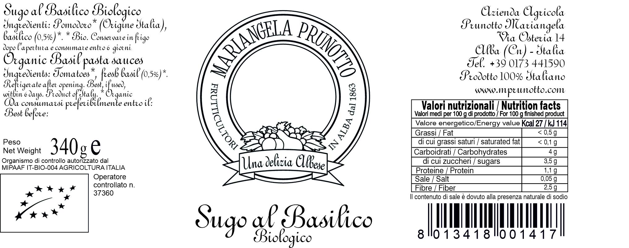 Azienda Agricola Prunotto Mariangela - n. 6 Vasetti di Sugo al Basilico da 340 g (6x340g)