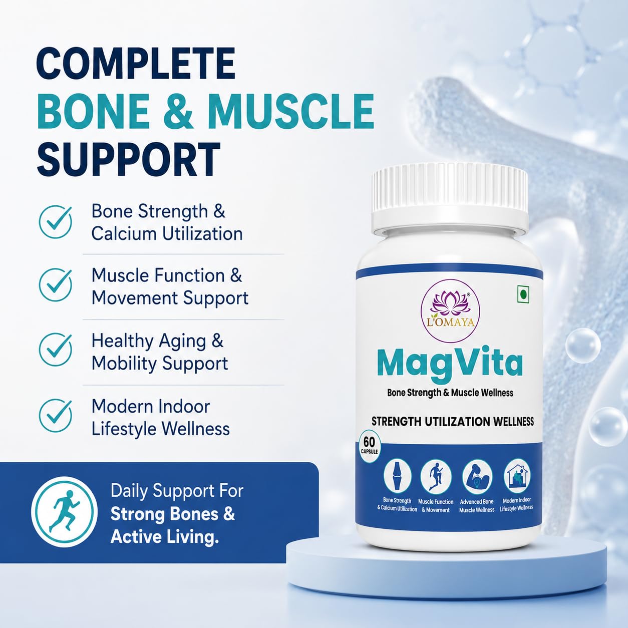 L'Omaya MagVita Magnesium Glycinate with Vitamin D3 & K2-7 MK7 | Bone Strength, Muscle Function & Calcium Absorption Support | Magnesium Supplement for Bones & Muscles | 60 Capsules (Pack of 1) — Amazon image 3