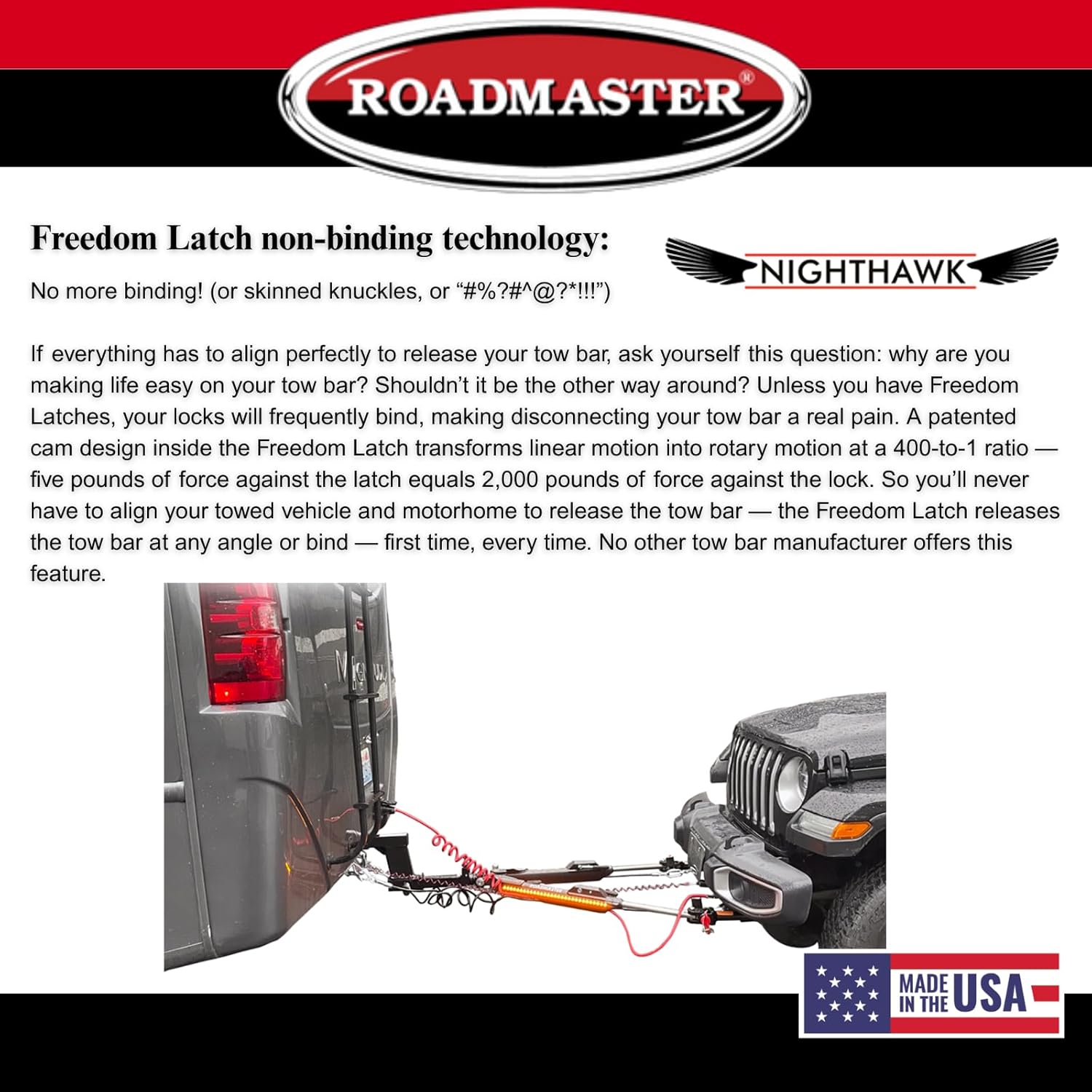 Roadmaster 676 Nighthawk Tow Bar fits Roadmaster Baseplates | Hauls Up to 8,000 lbs | Non-Binding Design | Multi-Functional LEDs | Proudly Made in The USA - Image 6