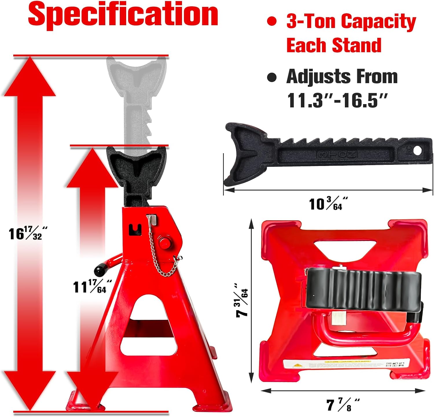3 Ton Jack Stands (6,600 LBs Capacity) - Heavy Duty Car Jack Stand with Double Pin Locking, 11.22"-16.54" Adjustable Height, Extra Rubber Pads for Trucks, Garage, Vehicle Lifting, 1 Pair Red