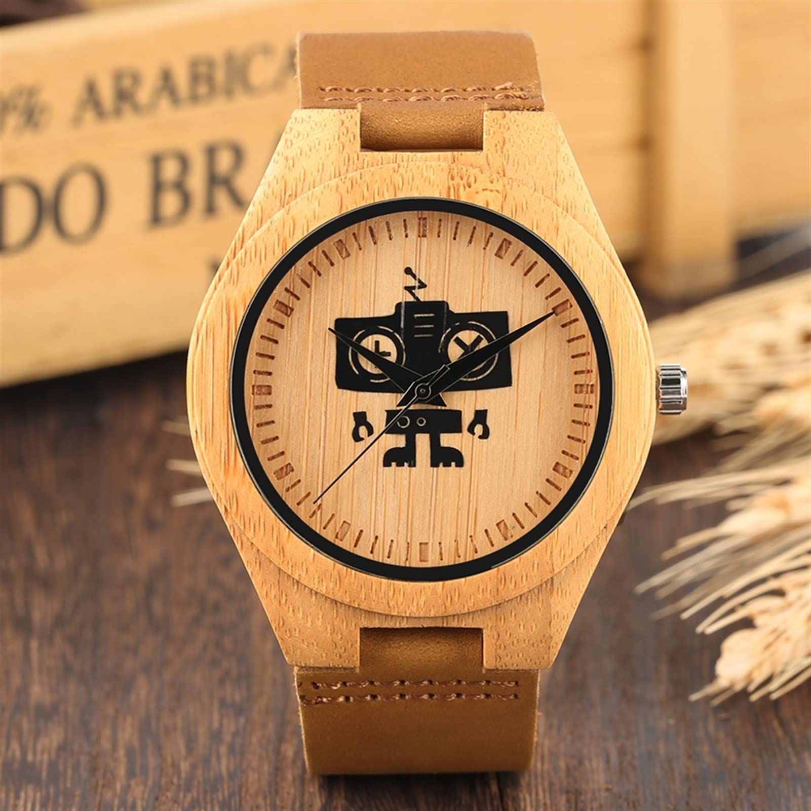 Carino Black Robot Design Design Mens Orologi di Legno Naturale analogico Semplice Orologio da Polso al Quarzo Orologio in Legno Orologio for Gli Uomini Uomo Orologi da Polso