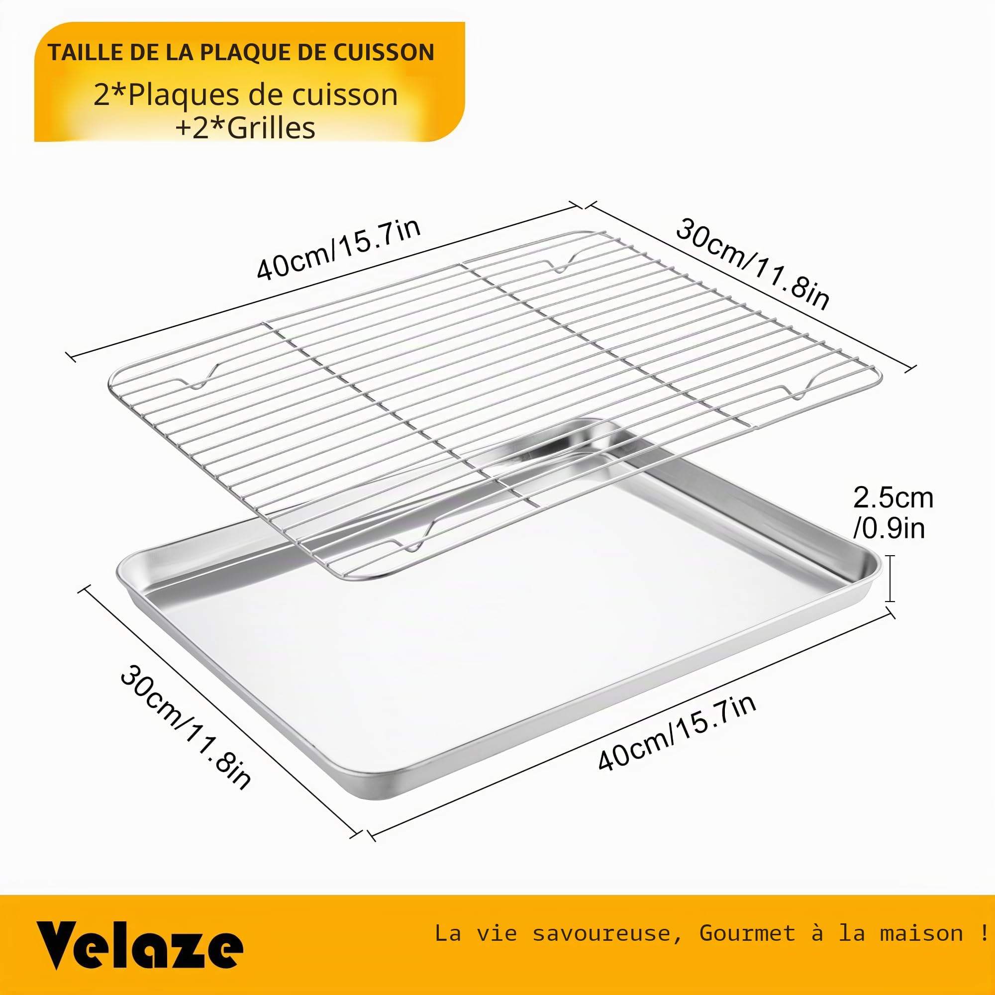 Velaze Plaque Pâtisserie et Grille INOX, Plaque de Cuisson avec Volette de 4 Pcs, Plateau Patisserie sans Revêtement, Plat à Rôtir de 40cm x 30cm